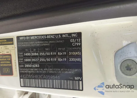 2012 Mercedes-Benz Ml 350 4Matic z USA, uszkodzony, nr VIN 4JGDA5HB2CA059546